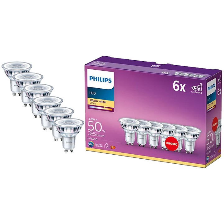 Комплект 6 LED крушки Philips, Spot PAR16, GU10, 4.6W (50W), 355 lm, Топла светлина (2700K), Енергиен клас F