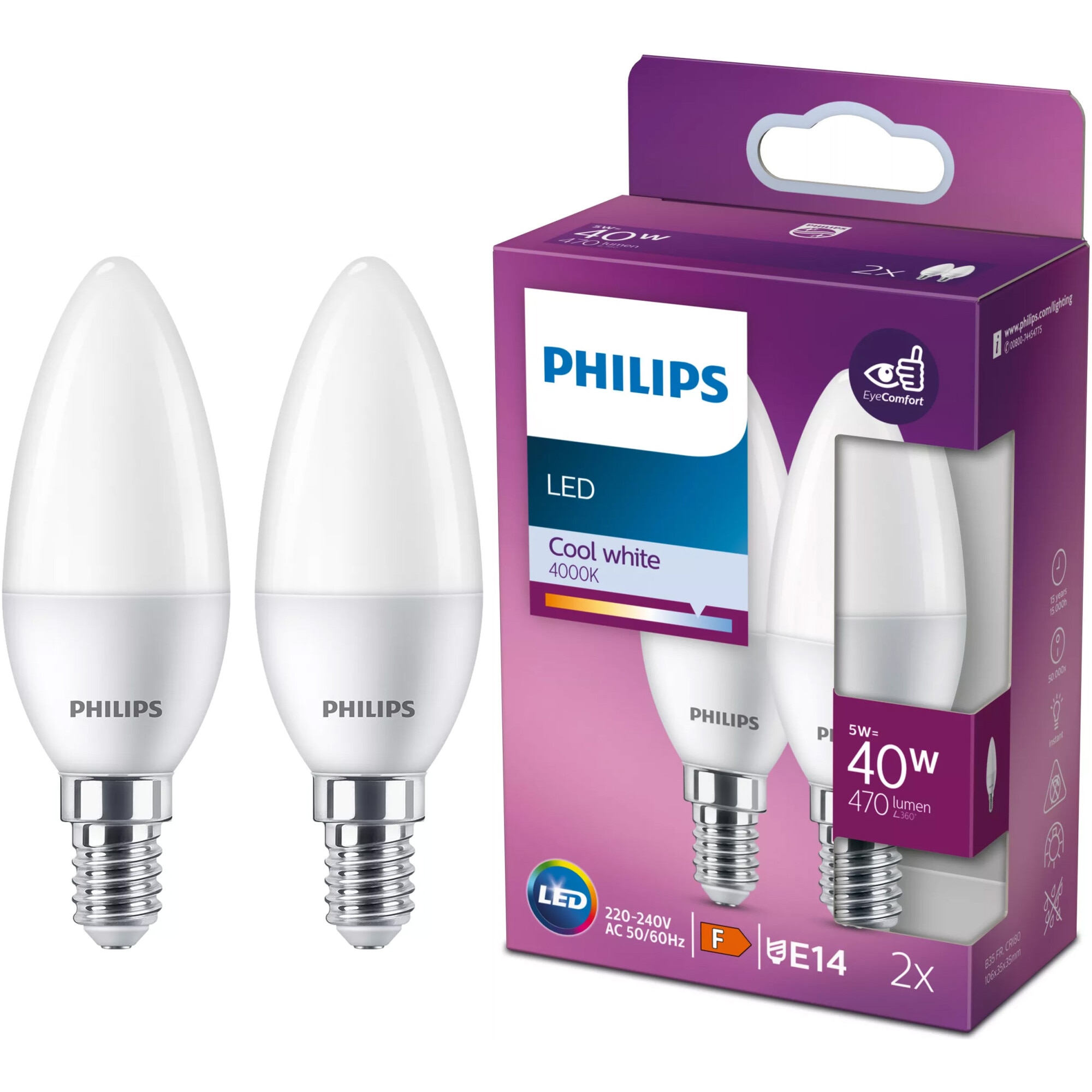 Pachet 2 becuri LED Philips, B35, E14, 5W (40W), 470 lm, lumina neutra (4000K), Clasa energetica F