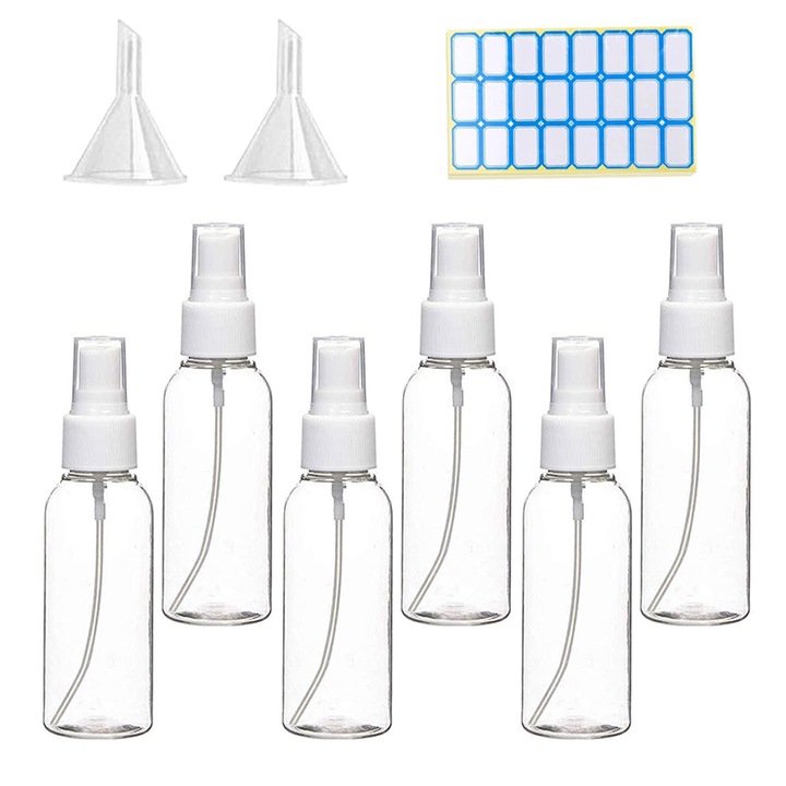 Комплект от 6 спрей бутилки, Rqiurpn, пластмасови, 80 ml, за многократна употреба, с 2 фунии и 24 етикета, прозрачни