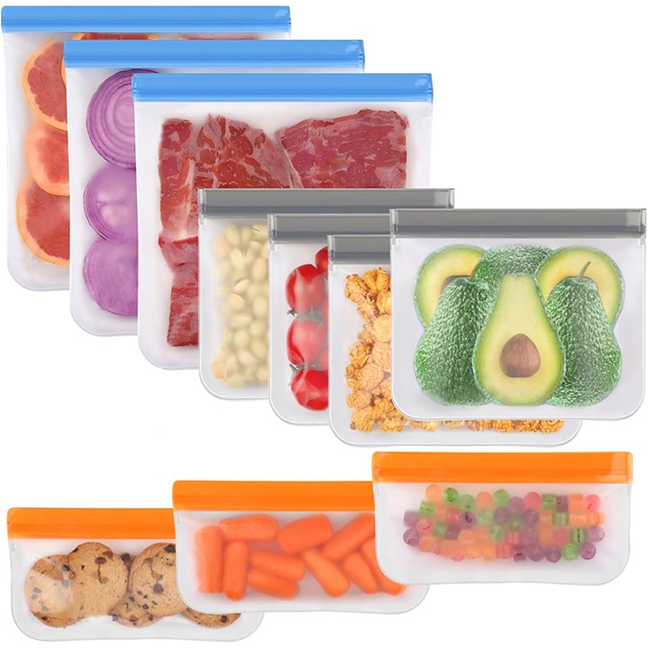 10 db Peva újrafelhasználható, hosszú távú Rqiurpn élelmiszertasak légmentesen záródó készlet élelmiszertároláshoz, többszínű fagyasztáshoz