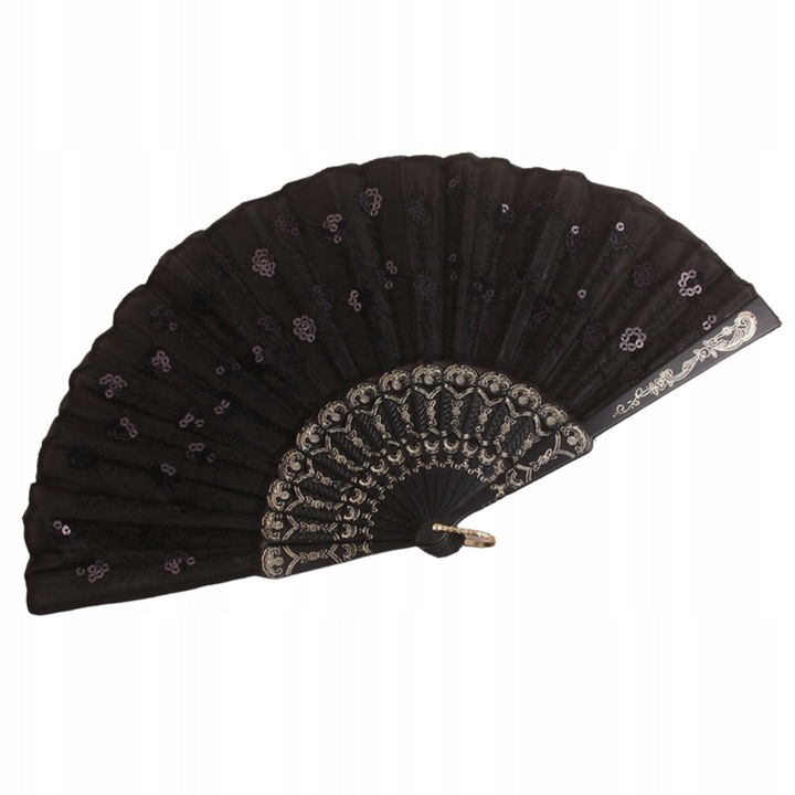 Evantai, Korbi, Flamenco, Material Plastic Usor, Ornamente Aurii, Inel Mic Atasat, 41 x 23 cm, Negru
