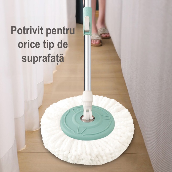 Mop rotativ cu galeata, Set curatenie cu 1 rezerva microfibra, Coada telescopica, Mop rotativ 360°, Centrifuga inox, Maner si roti pentru transport, Tinklu, Verde