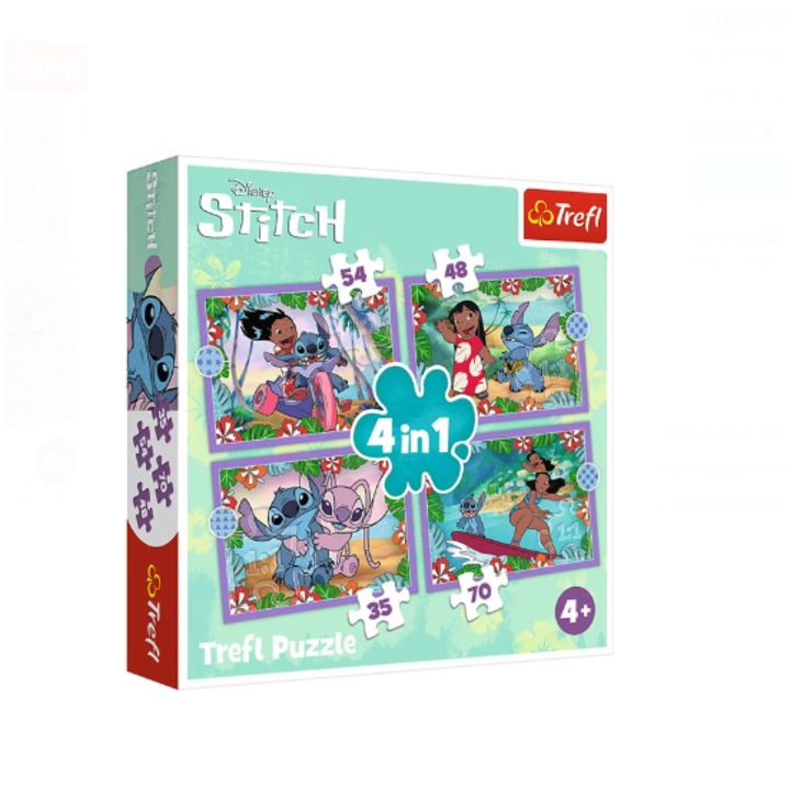 Комплект пъзел Lilo & Stitch 4 в 1, BURRAQ, 35x48x54x70 части, хранителни оцветители