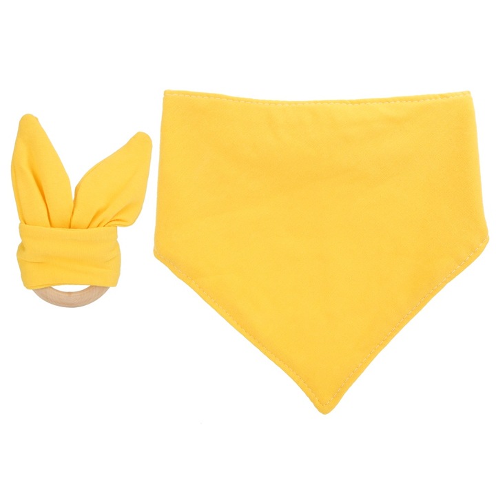 Jormftte puha pamut előke és rágógyűrű szett, sárga, környezetbarát, nem mérgező