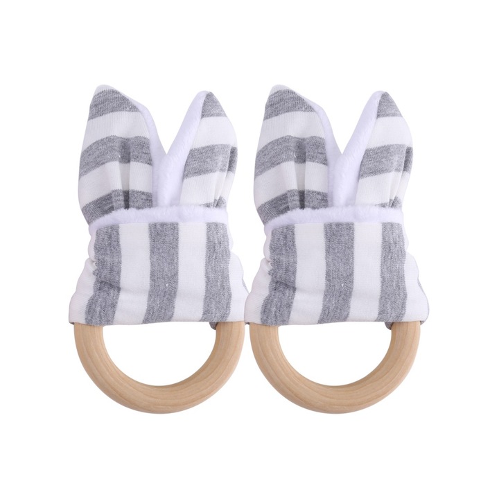 2 darab természetes fából készült rágóka szett, szövet díszítéssel, Jormftte, szürke, könnyen megfogható