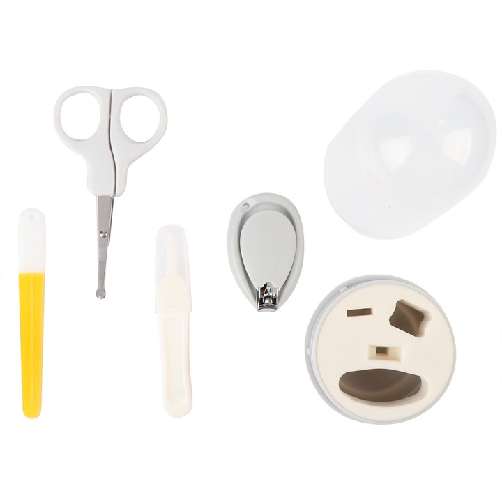 4 db-os Jormftte babagondozó kiegészítő készlet: körömvágó olló, körömvágó, csipesz, körömreszelő, átlátszó szürke