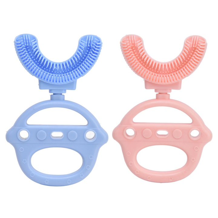 2 U-os fogkefe készlet gyerekeknek, Jormftte, puha szilikon, 360°-os tisztítás, kék, rózsaszín