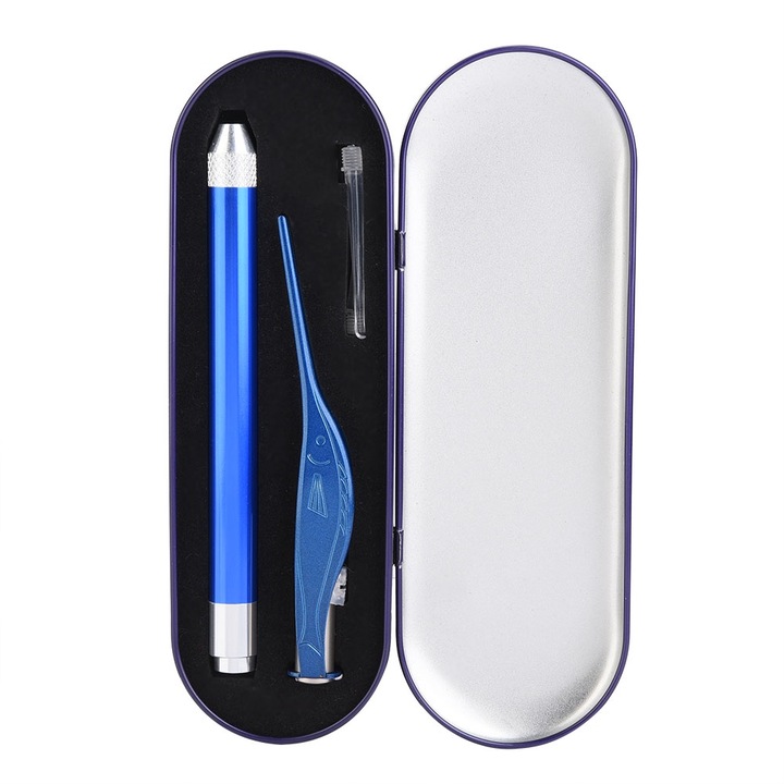 Jormftte rozsdamentes acél fültisztító készlet, csipesz és fülpiszkáló, csúszásmentes, világítással, kék