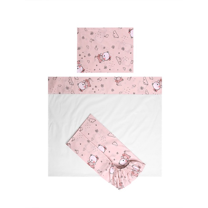 Set lenjerie pat 60 x 120 cm, Lorelli, Tiny Dream, 3 piese, bumbac ranforce, Pink Ballerina Bear