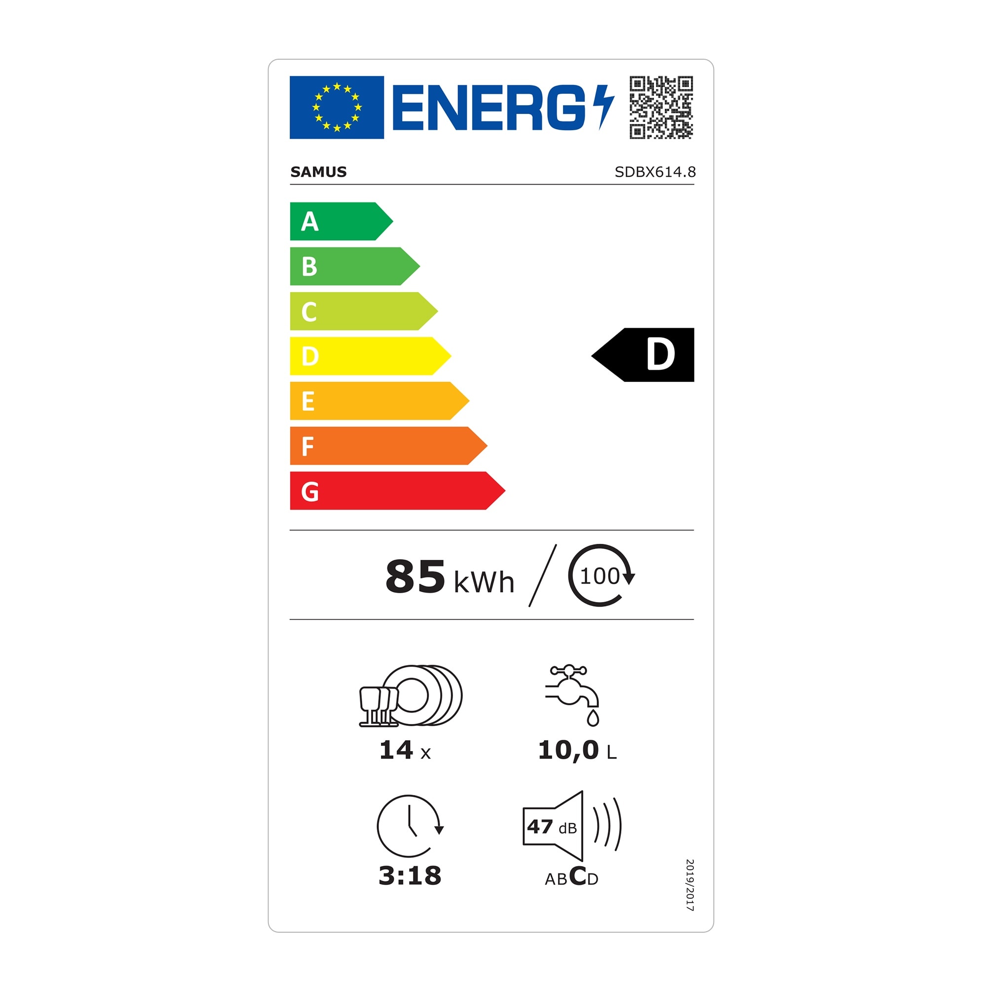 Masina de spalat vase Samus SDBX614.8, 14 seturi, 8 Programe, Latime 60 cm, Clasa energetica D, Afisaj electronic, Inox/Negru