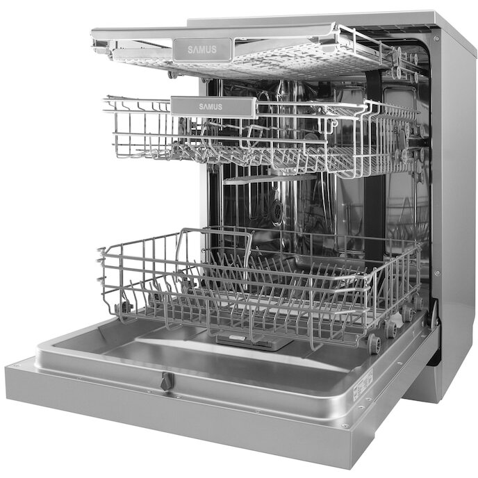 Masina de spalat vase Samus SDBX614.8, 14 seturi, 8 Programe, Latime 60 cm, Clasa energetica D, Afisaj electronic, Inox/Negru
