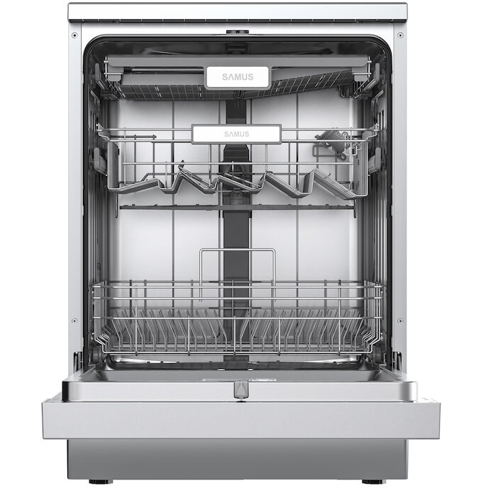 Masina de spalat vase Samus SDBX614.8, 14 seturi, 8 Programe, Latime 60 cm, Clasa energetica D, Afisaj electronic, Inox/Negru