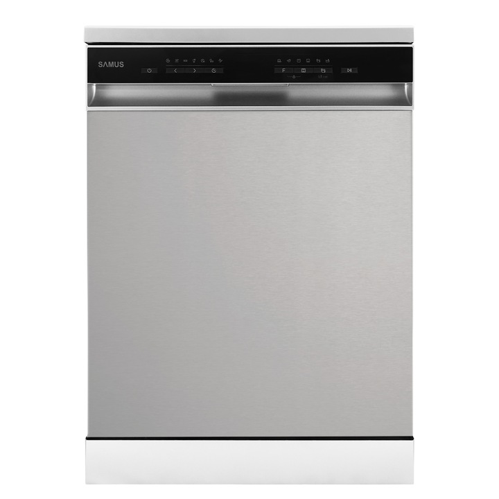 Masina de spalat vase Samus SDBX614.8, 14 seturi, 8 Programe, Latime 60 cm, Clasa energetica D, Afisaj electronic, Inox/Negru