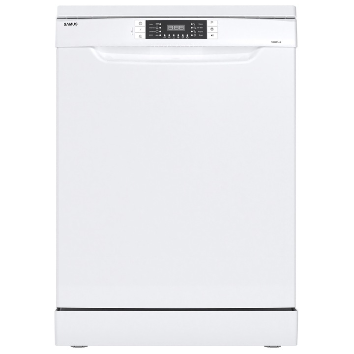 Masina de spalat vase Samus SDW614.8, 14 seturi, Latime 60 cm, 8 programe, Clasa energetica E, Afisaj electronic, Alb