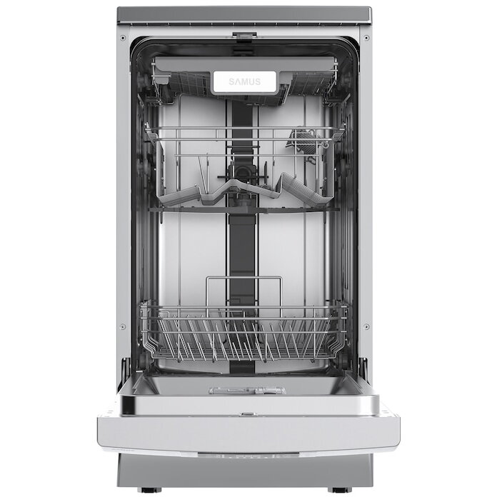 Masina de spalat vase Samus SDX410.8, 10 seturi, Latime 45 cm, 8 Programe, Clasa energetica E, Afisaj electronic, Pornire intarziata, Inox/Argintiu