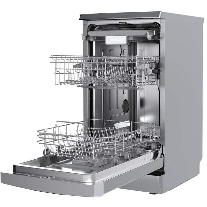 Masina de spalat vase Samus SDX410.8, 10 seturi, Latime 45 cm, 8 Programe, Clasa energetica E, Afisaj electronic, Pornire intarziata, Inox/Argintiu