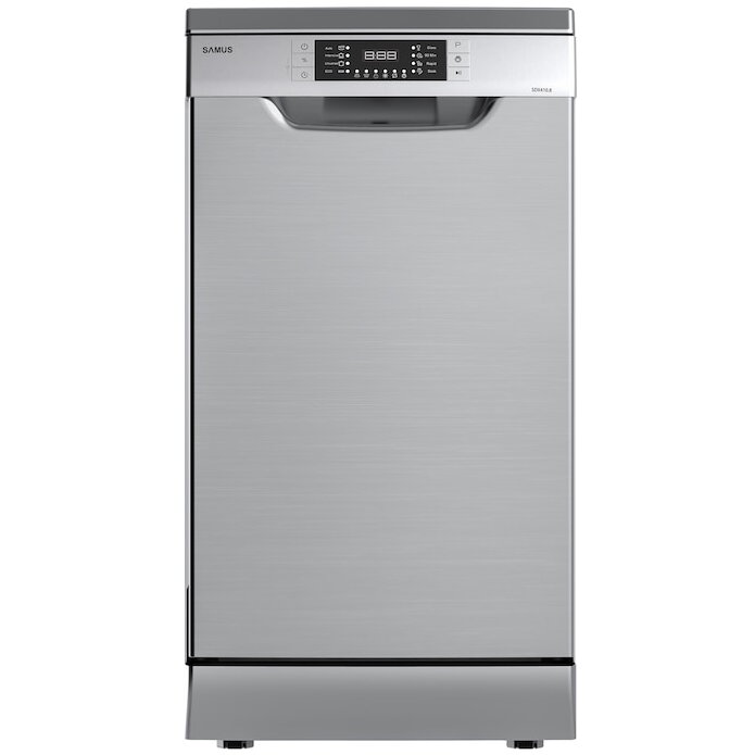 Masina de spalat vase Samus SDX410.8, 10 seturi, Latime 45 cm, 8 Programe, Clasa energetica E, Afisaj electronic, Pornire intarziata, Inox/Argintiu