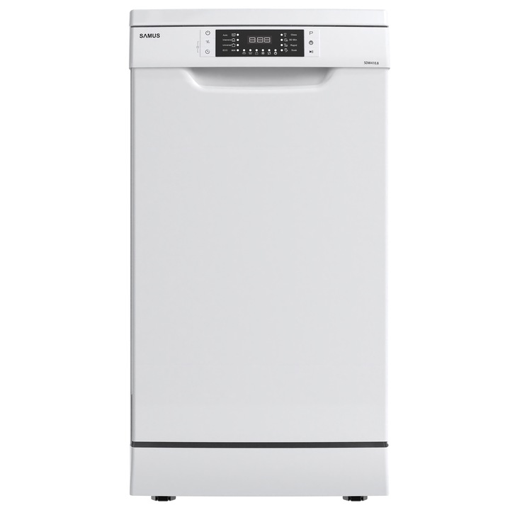 Masina de spalat vase Samus SDW410.8, 10 seturi, Latime 45 cm, 8 Programe, Clasa energetica E, Afisaj electronic, Alb