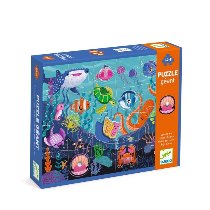 Гигантски пъзел Adventures in the sea, Djeco, 50 x 70 см, 24 части + 8 части с текстурирани форми