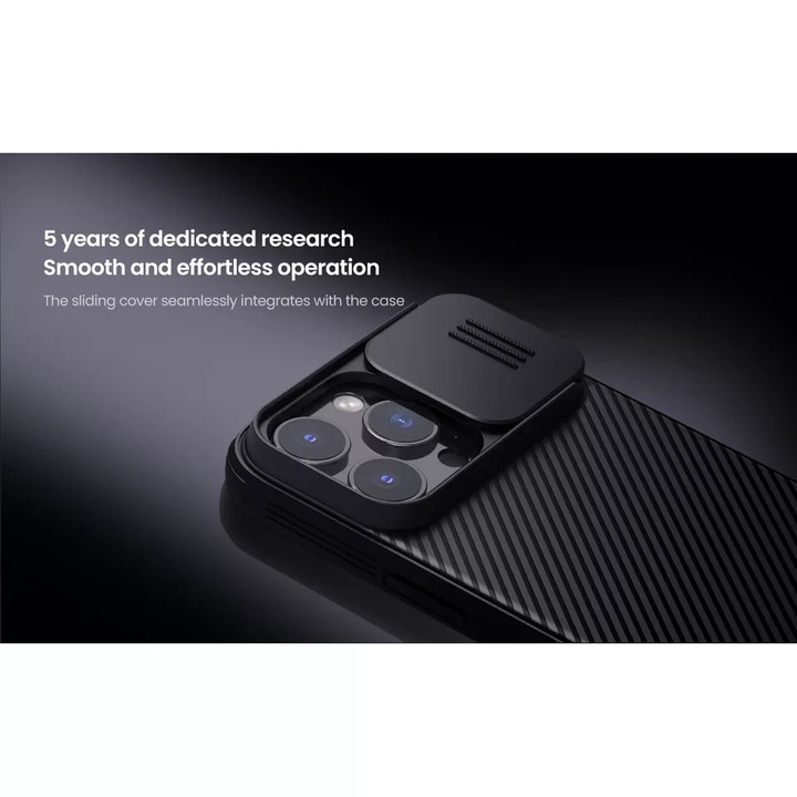 Силиконов калъф Nillkin Camshield Pro, съвместим с iPhone 16 Pro Max, тънък, високотехнологичен поликарбонат, плъзгаща се защита за камера, черен
