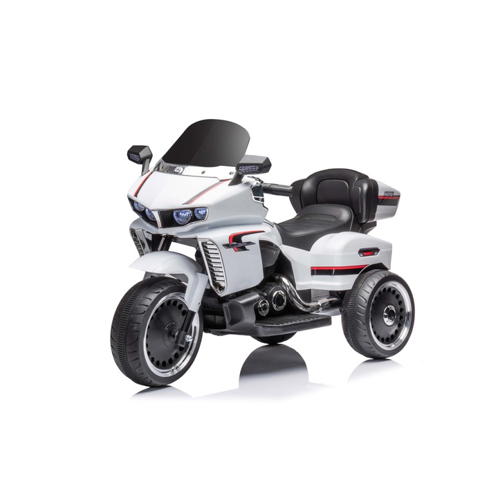 Motocicleta electrica pentru copii, LED, 2x12V, 35W, sunete si lumini, alb/negru