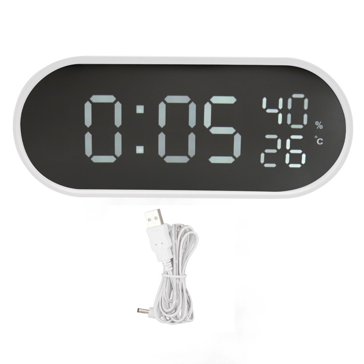 LED tükör ébresztőóra, Jormftte, elegáns design, hőmérséklet funkció, USB töltés, 10x25cm