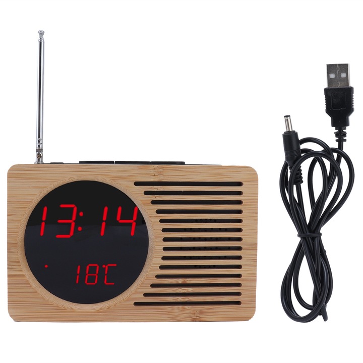 Jormftte dekoratív óra, elektronikus ébresztőóra FM rádióval, minimalista design, hőmérséklet funkció, piros, 5V