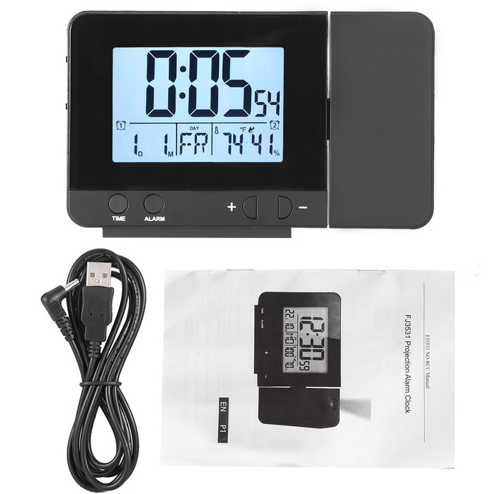 Jormftte dekoratív óra projekcióval, kettős ébresztővel, hőmérséklet- és páratartalom-kijelzővel, fekete