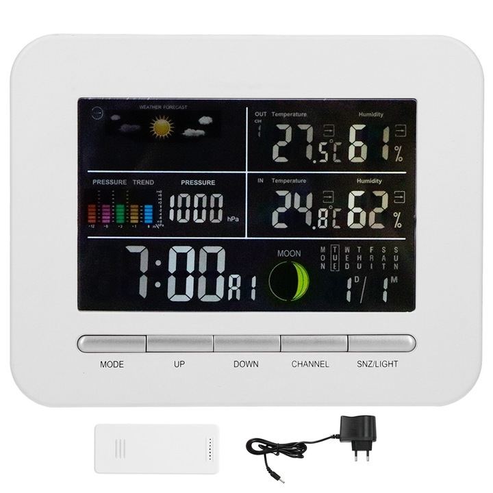 Jormftte dekoratív óra hőmérővel, páratartalom mérővel, öröknaptárral, színes LCD kijelzővel, ébresztő funkciókkal, fali vagy asztali tartóval