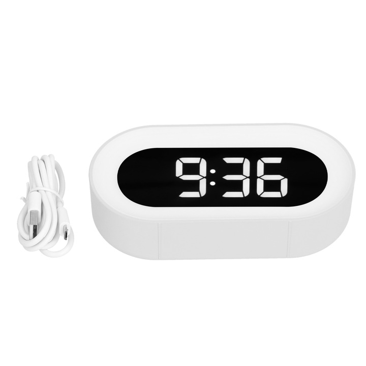 Jormftte digitális LED ébresztőóra, szundi funkcióval, USB tápellátással, fehér