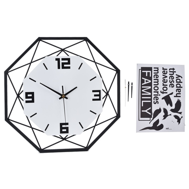 Jormftte nagyméretű dekoratív falióra, kreatív design, fekete és fehér, elemes működés, nappaliba vagy hálószobába