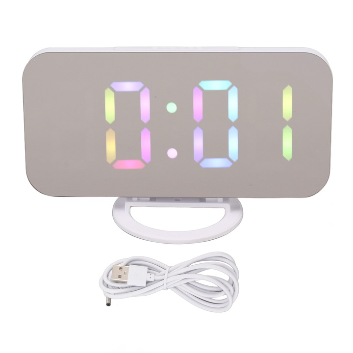 Jormftte LED dekoratív tüköróra, színes RGB kijelző, 6 fényerő szint, 2 USB port, fehér