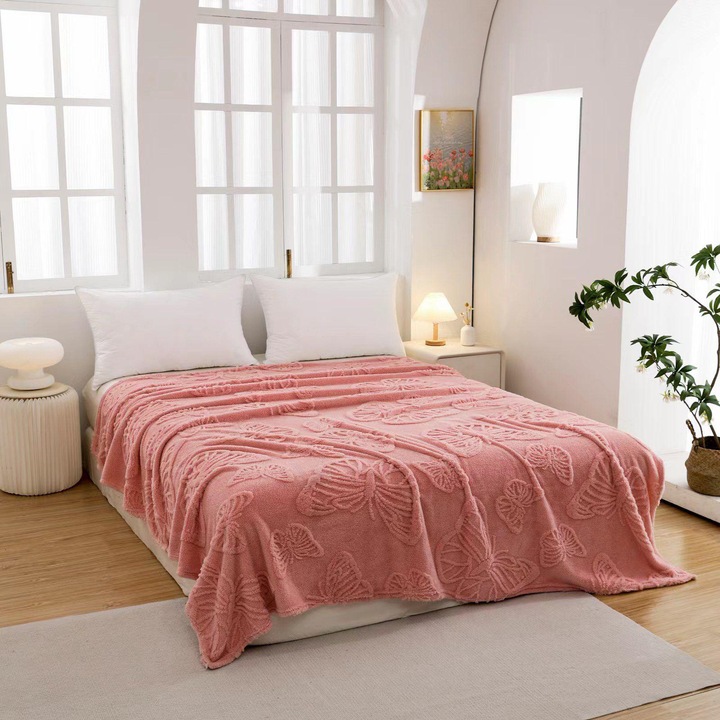 Patura cocolino pentru pat dublu, model tip fluturi, Uni, 200x230cm, Roz
