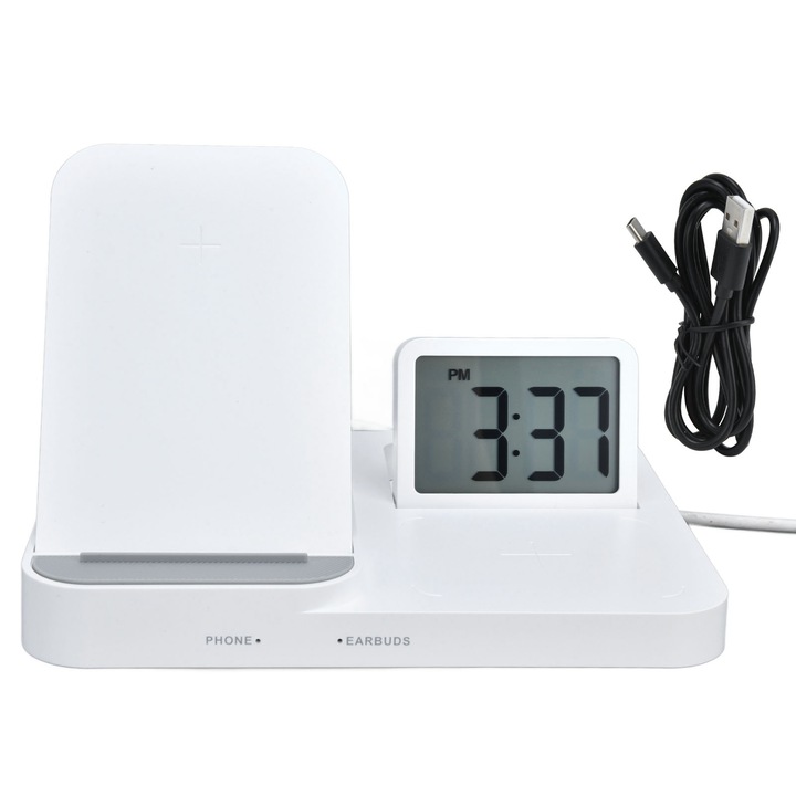 Jormftte 3 az 1-ben többfunkciós digitális óra, vezeték nélküli töltő telefonhoz és fejhallgatóhoz, USB tápellátás, fehér