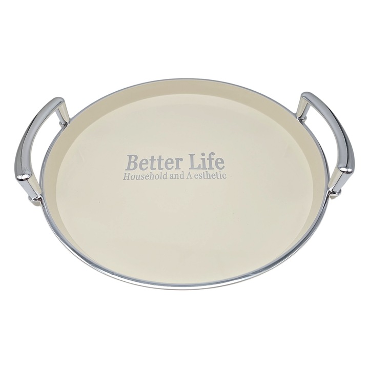 Tava servire cu manere argintii rotunda 37 cm, culoare crem