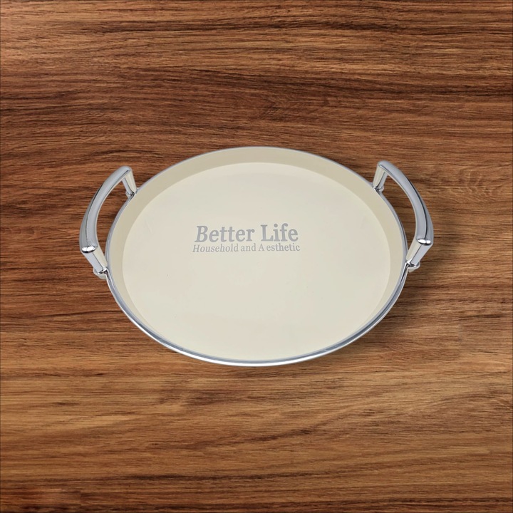 Tava servire cu manere argintii rotunda 32 cm, culoare crem
