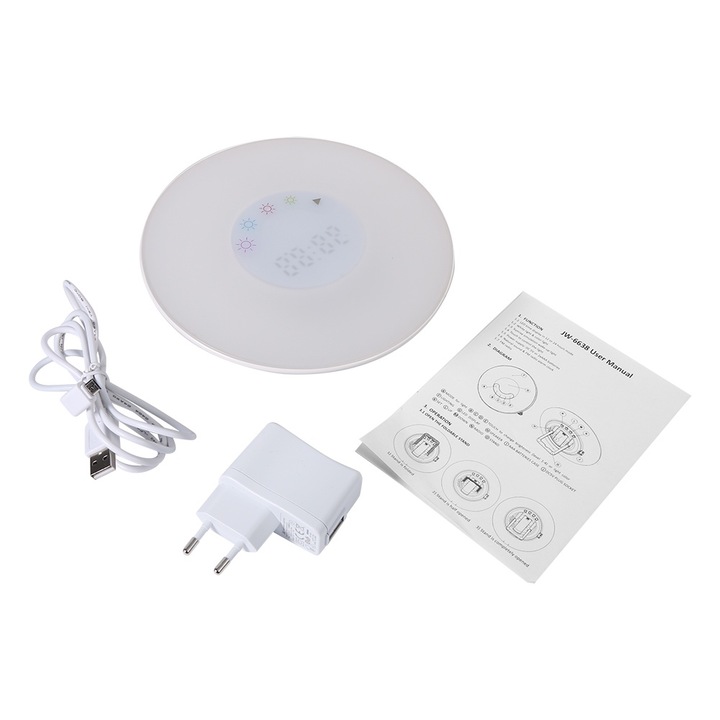 Jormftte dekoratív óra digitális ébresztővel, FM rádióval, fehér és RGB fénnyel, 12/24H, természetes hangokkal