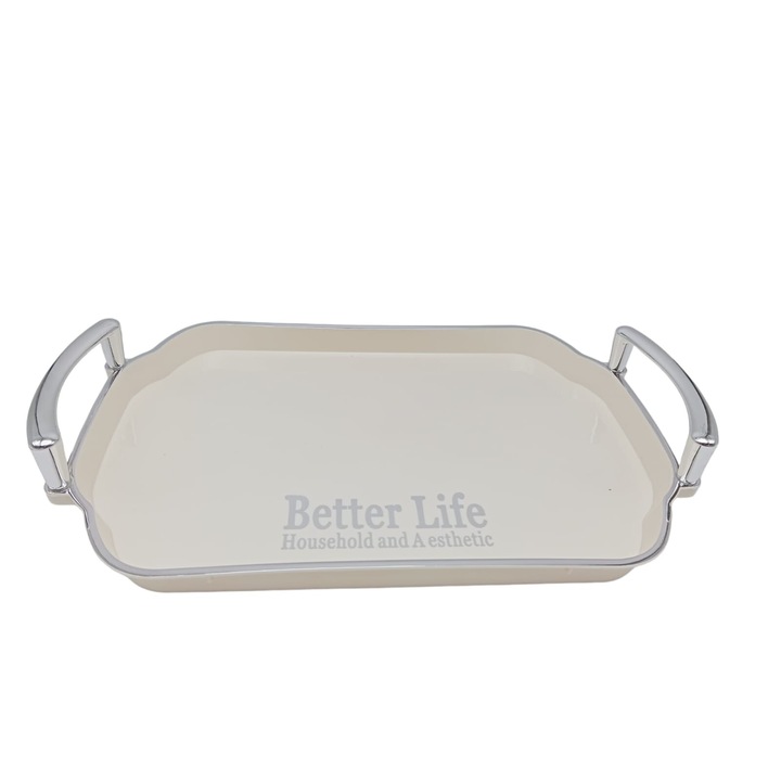 Tava servire cu manere argintii dreptunghiulara 37*23 cm, culoare crem