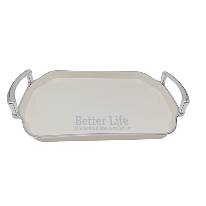 Tava servire cu manere argintii dreptunghiulara 43*28 cm, culoare crem