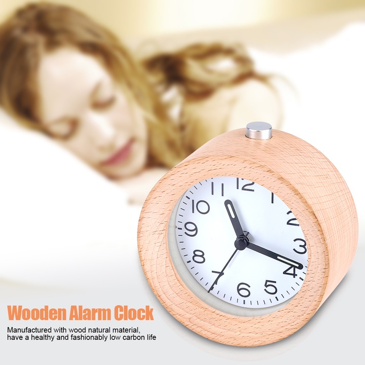 Jormftte kerek fa asztali óra ébresztő funkcióval és éjszakai fénnyel, fehér, 10x10x5cm