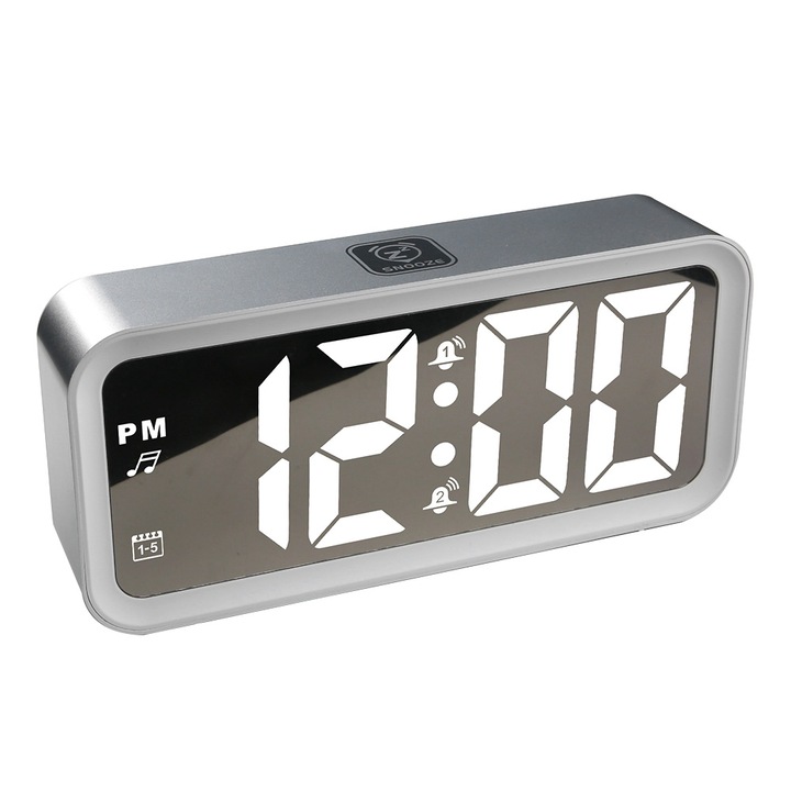 Jormftte LED digitális tükör ébresztőóra, memóriafunkcióval, 16 dallammal, 3 fényerő szinttel, USB-vel, asztalra