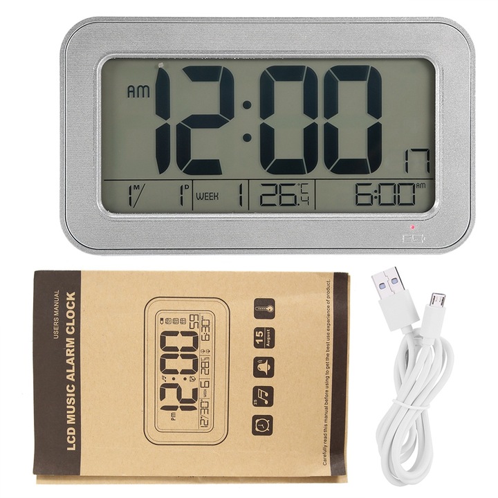 Jormftte digitális ébresztőóra LCD kijelzővel, szundi funkció, hőmérséklet kijelzés, 25 dallam, 12/24 óra