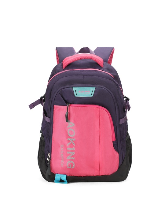 Aoking, Rucsac unisex cu model colorblock si buzunare multiple, Fucsia