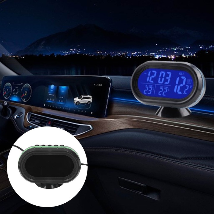 Многофункционален настолен часовник с термометър и волтметър, longziming, LCD, 12-24V, 6.3x9.5x6см, оранжев със зелено