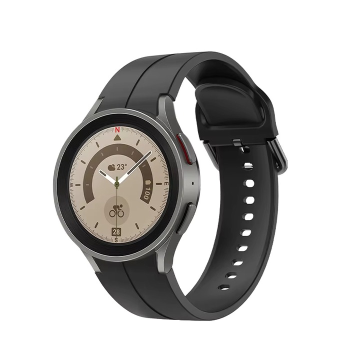 Szilikon karkötő kompatibilis Samsung Galaxy Watch 4, 5, 6, 7 (40 mm és 44 mm), Watch 5 Pro, Watch 6 Classic (43 mm és 47 mm), Huawei GT2 42 mm, GT3 42 mm, szélesség 20 mm, fekete