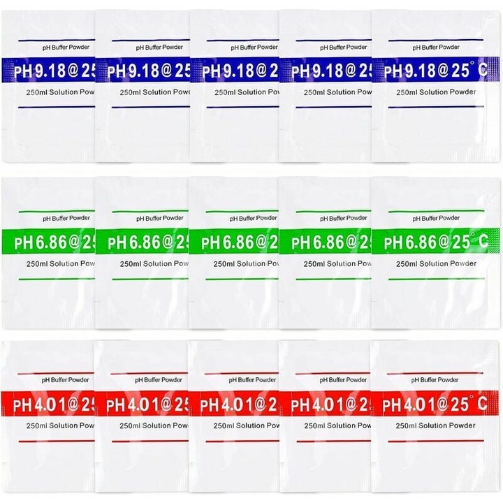 Kit profesional de calibrare a pH-ului, solutie de pulbere tampon de precizie pentru calibrare usoara, pulbere portabila si economica de calibrare a pH-metrului, pH 4,01, 6,86, 9,18, 15 buc., fara BPA, stabilitate pe termen lung