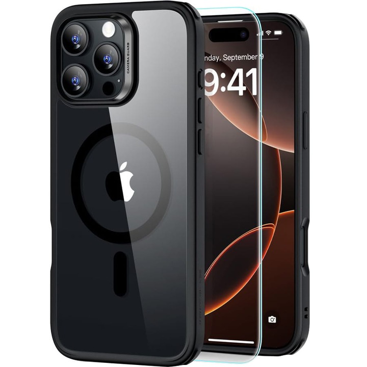 Кейс комплект + закалено стъкло, ESR Classic Hybrid Halolock, закалено стъкло за iPhone 16 Pro Max, прозрачно-черно