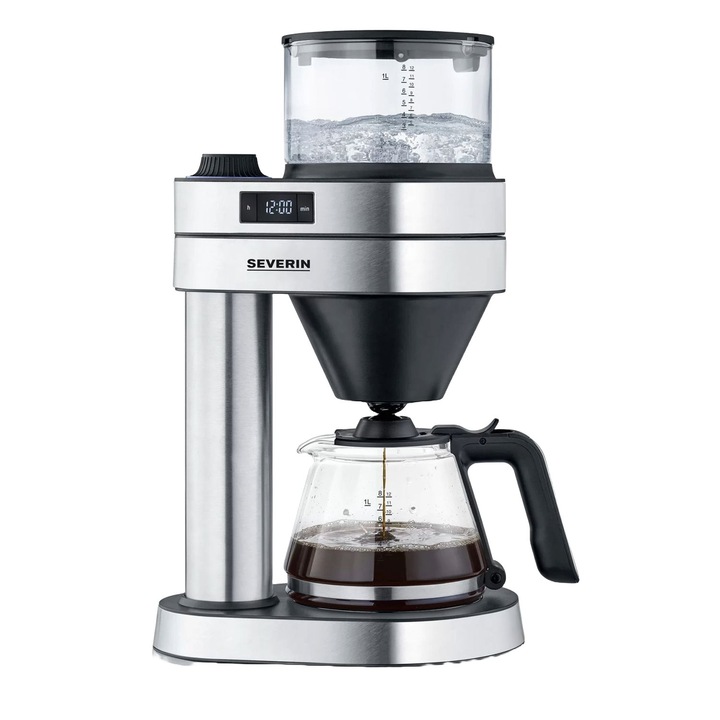 Кафемашина Severin, Caprice, вместимост 1 л, стъклена гарафа, поддържа топлина, подвижен и миещ се филтър, осветен бутон за включване/изключване, градуиран резервоар за вода, лесно почистване, черен