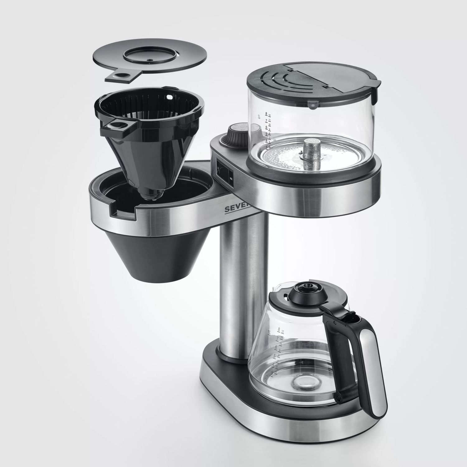 Cafetiera Severin, Caprice, capacitate 1 litru, carafa din sticla, mentinere la cald, filtru detasabil si lavabil, buton on/off iluminat, rezervor de apa gradat, curatare usoara, negru