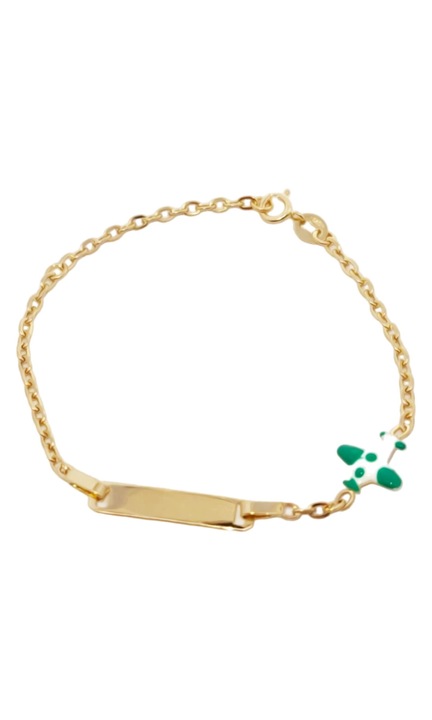 Bratara copii aur 14 k cu placuta si avion verde cu alb